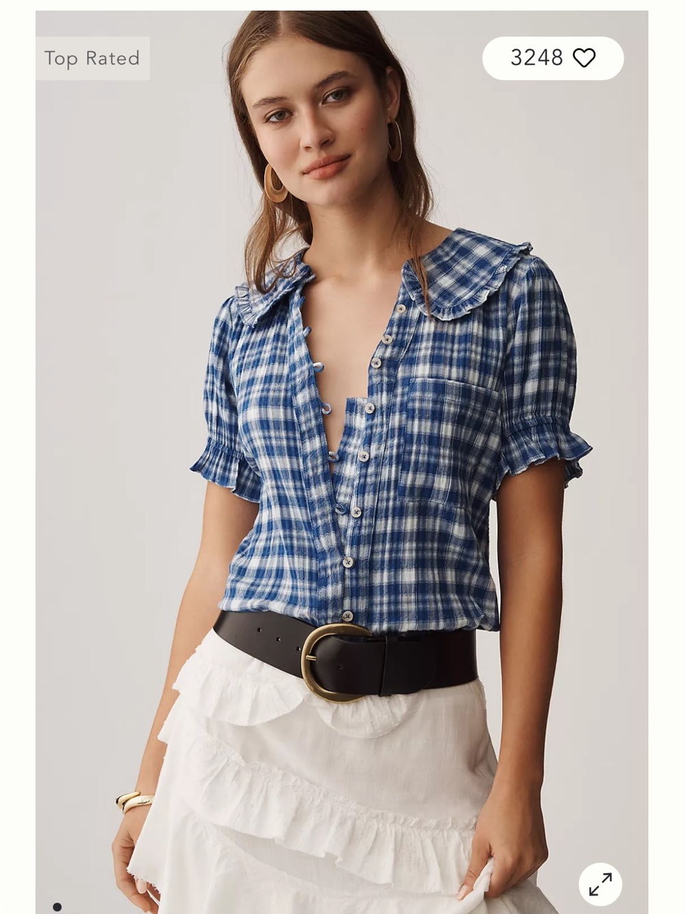 Pilcro Ruffled Collar Plaid Button-Up in Blue, Brown & Cream
